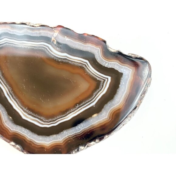 Brown & White Banded Sliced Agate Geode Crystal Large Silver T Vintage Pendant - Picture 7 of 16